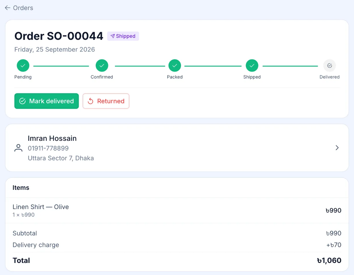Finox Business order screen with a status tracker from pending to delivered, customer details and item totals