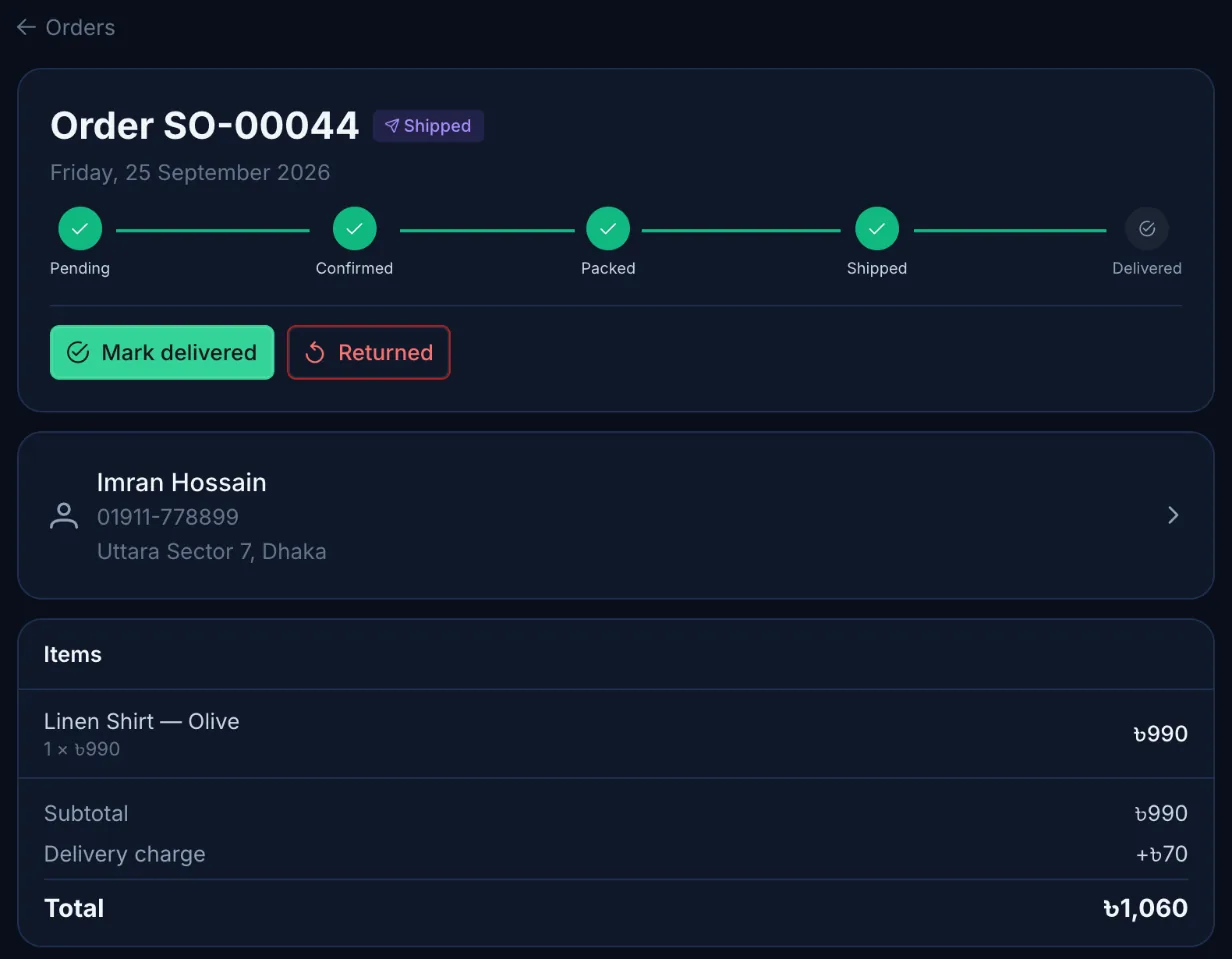 Finox Business order screen with a status tracker from pending to delivered, customer details and item totals