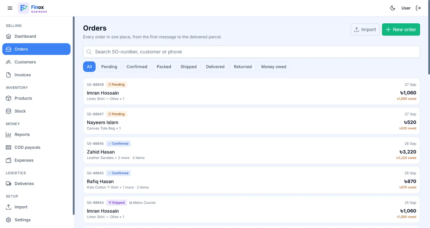 Orders list with status filters, customer names, order totals and amounts still owed