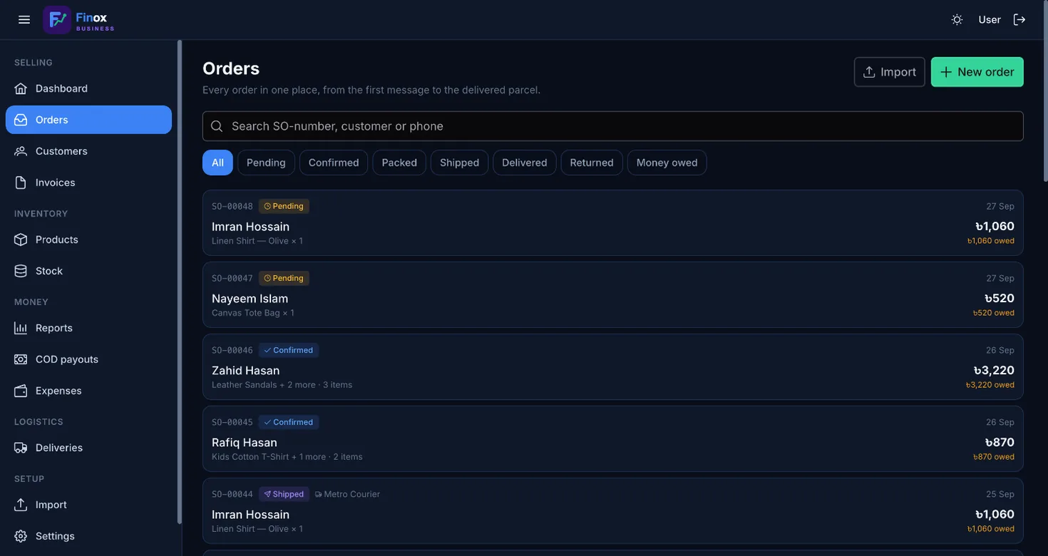 Orders list with status filters, customer names, order totals and amounts still owed