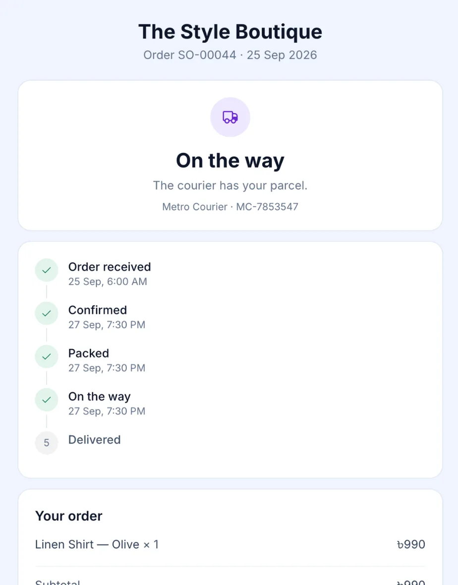 Public parcel tracking page showing the order on its way with the courier and consignment number