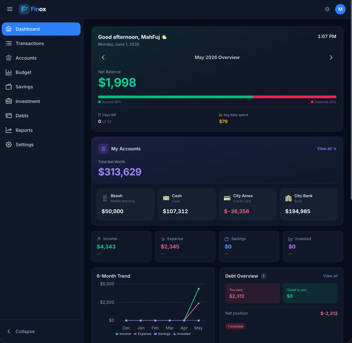 Finox dashboard showing income, expenses, net worth and reminders