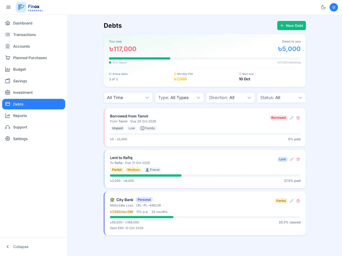 Finox debt screen with loan EMI timelines and due dates