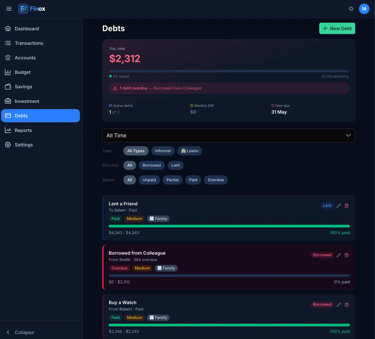 Finox debt screen with loan EMI timelines and due dates
