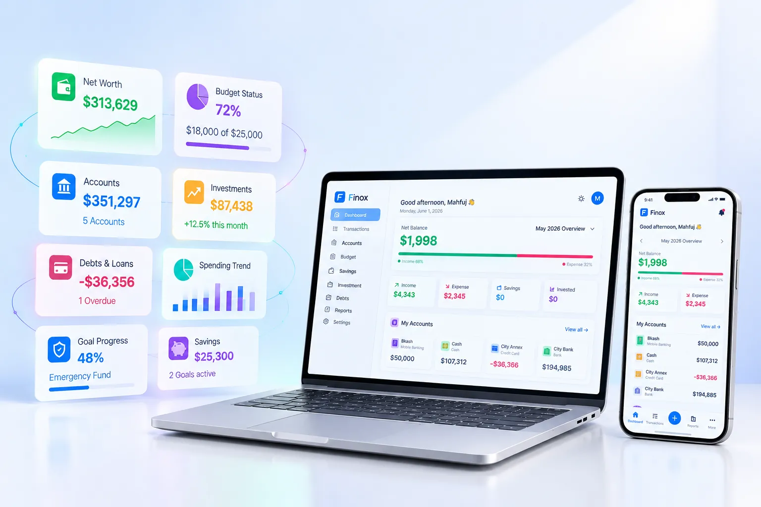 Finox dashboard on laptop and phone — net worth, accounts, budgets and spending trend