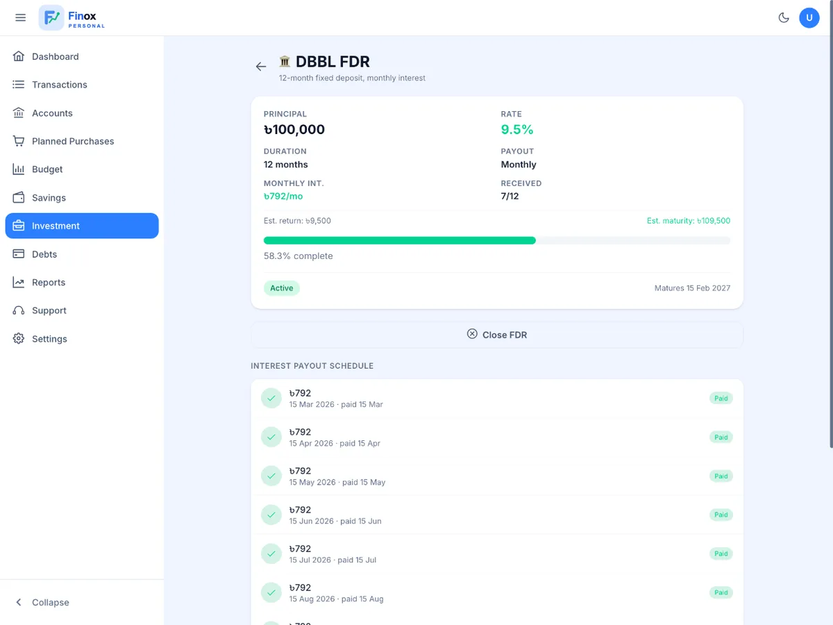Finox investment screen tracking FDR principal, interest and maturity