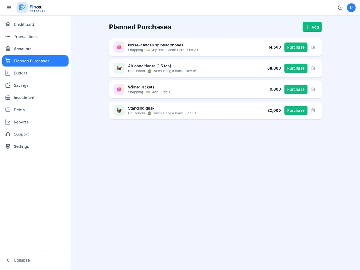 Finox planned purchases screen listing wish-list items with estimated prices