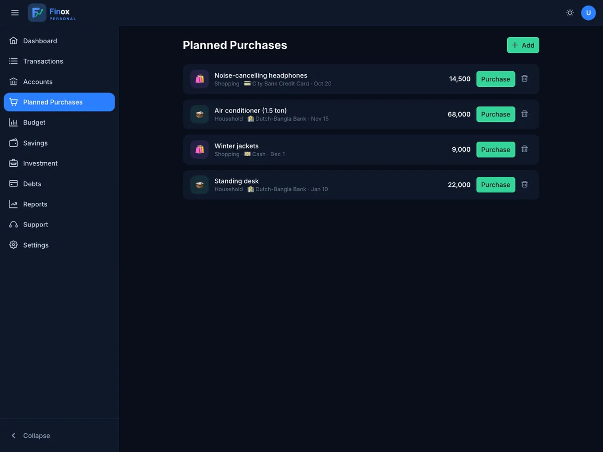 Finox planned purchases screen listing wish-list items with estimated prices