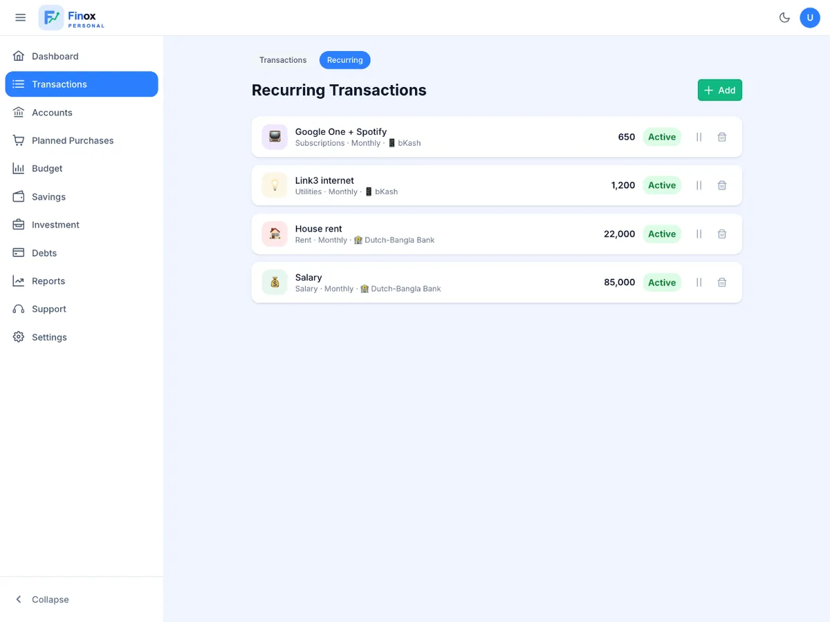Finox recurring transactions screen with upcoming reminders