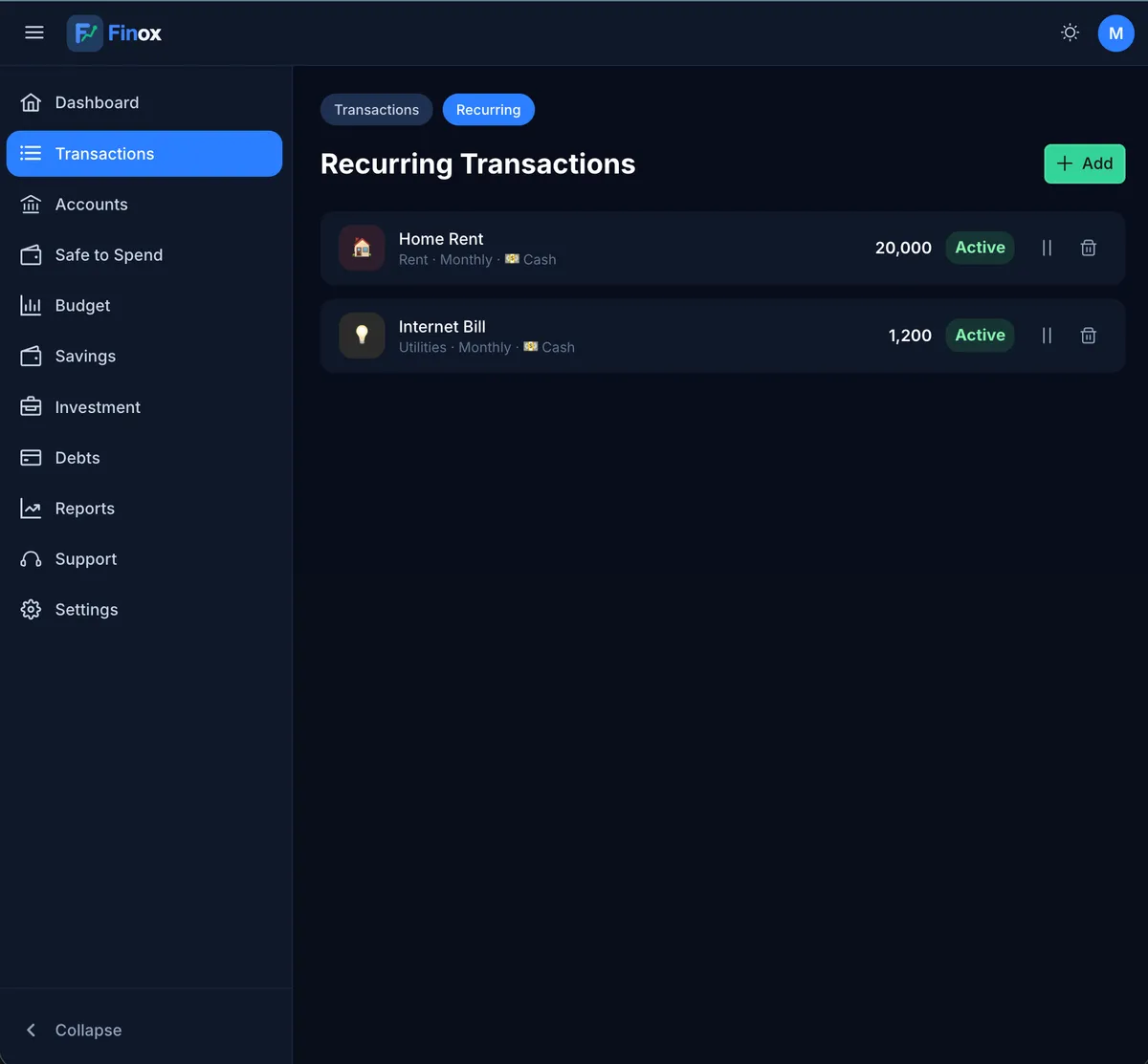 Finox recurring transactions screen with upcoming reminders