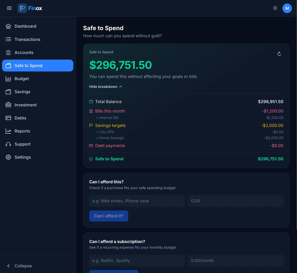 Finox Safe to Spend screen showing the guilt-free spending amount