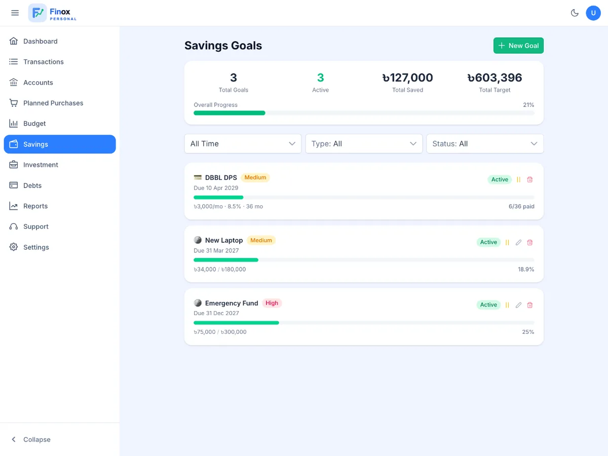 Finox savings screen with goal progress and DPS schemes