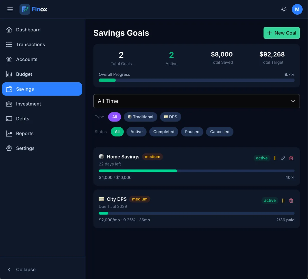 Finox savings screen with goal progress and DPS schemes
